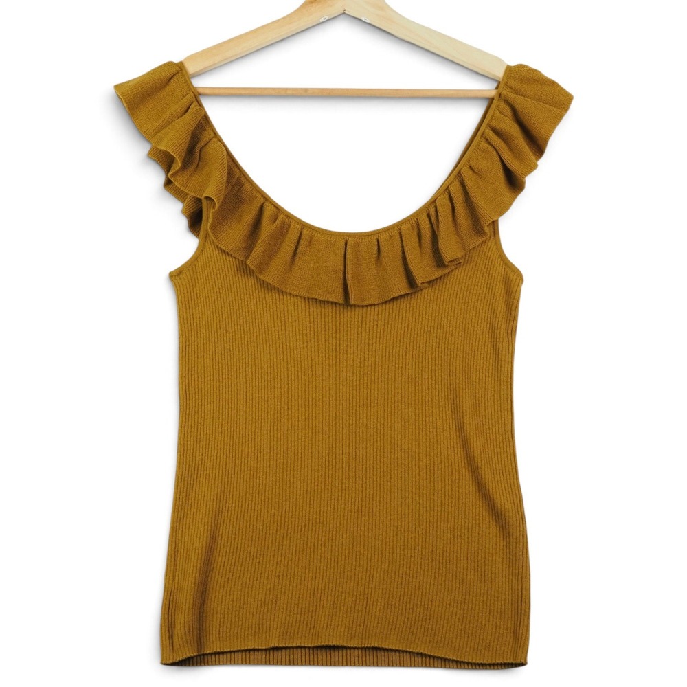 Madewell Wakeford Sweater Tank Womens L Mustard Merino Wool Ruffle Ribbed Knit